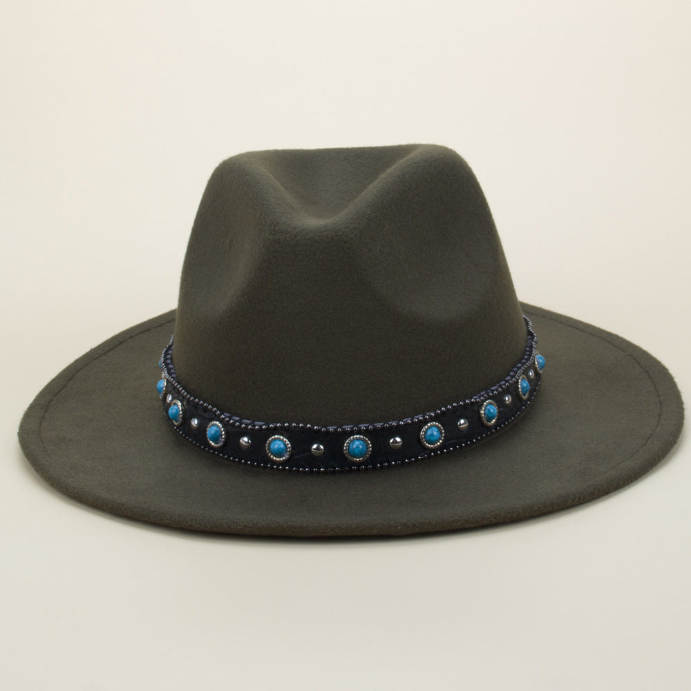 Bohemian Style Woven Leather Belt Denim Fur Felt Hat