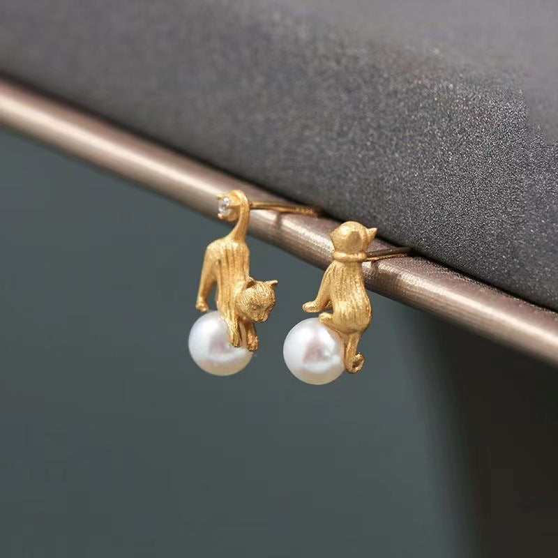 Cute Cat Ear Studs Fun And Cute Asymmetric Pearl Earrings