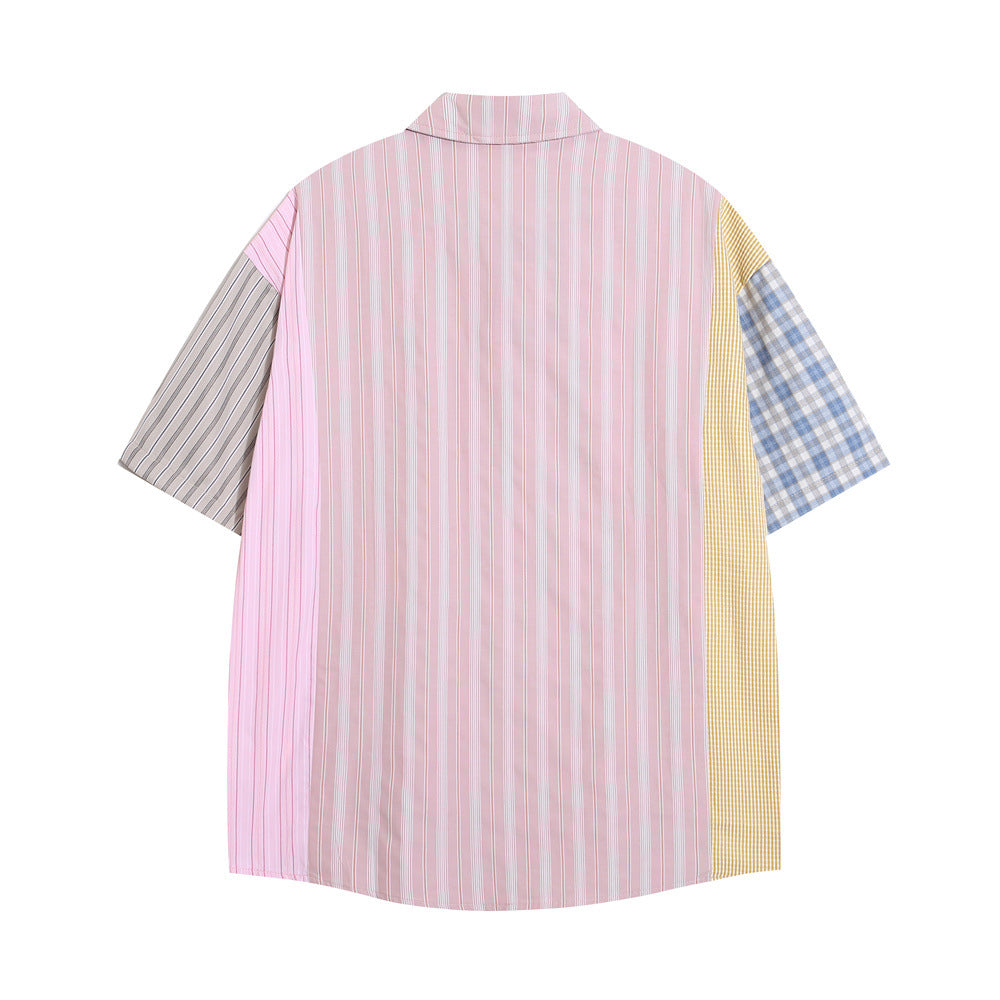 Asymmetric Color Contrast Patchwork Striped Short Sleeve Shirt