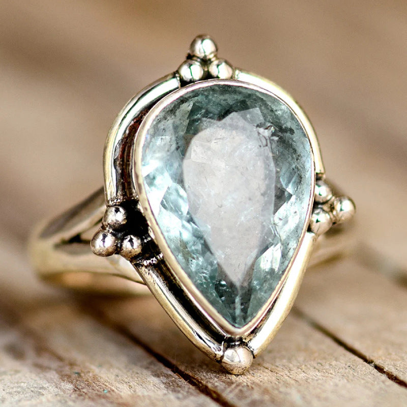 Water Drop Aquamarine Ring Popular Simplicity Classical Pear-shaped Palace Style