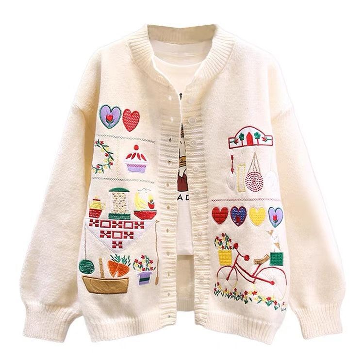 Cartoon Vintage Embroidered Sweater Coat Women's Autumn And Winter Knitting Cardigan