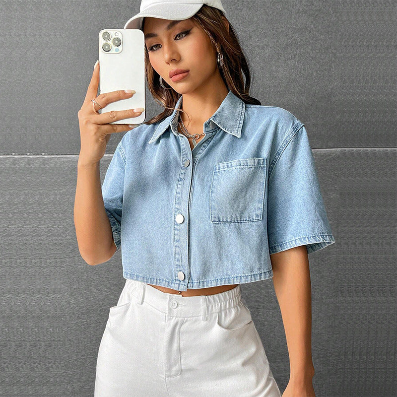 Fashion Thin Denim Cropped Waistcoat Short Sleeve Shirt