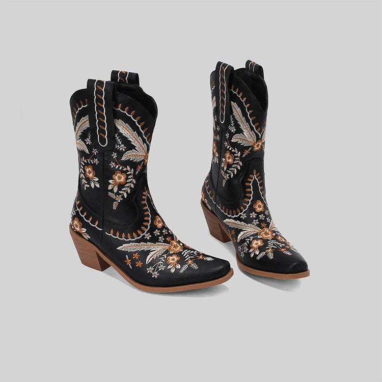 Western Embroidered Denim Retro Square Head High Leg Boot Thick