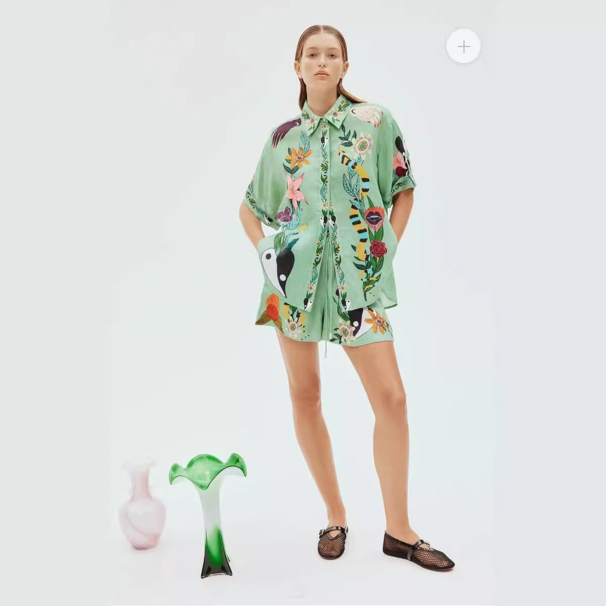 Women's Casual Cotton And Linen Printed Shirt And Shorts Two-piece Set