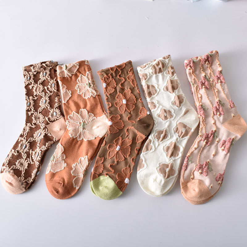 Women's Cotton Autumn And Winter New Embossed Three-dimensional Floral Socks