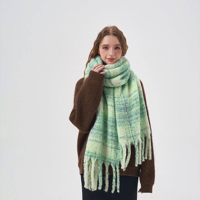 Women's White And Green Plaid Scarf