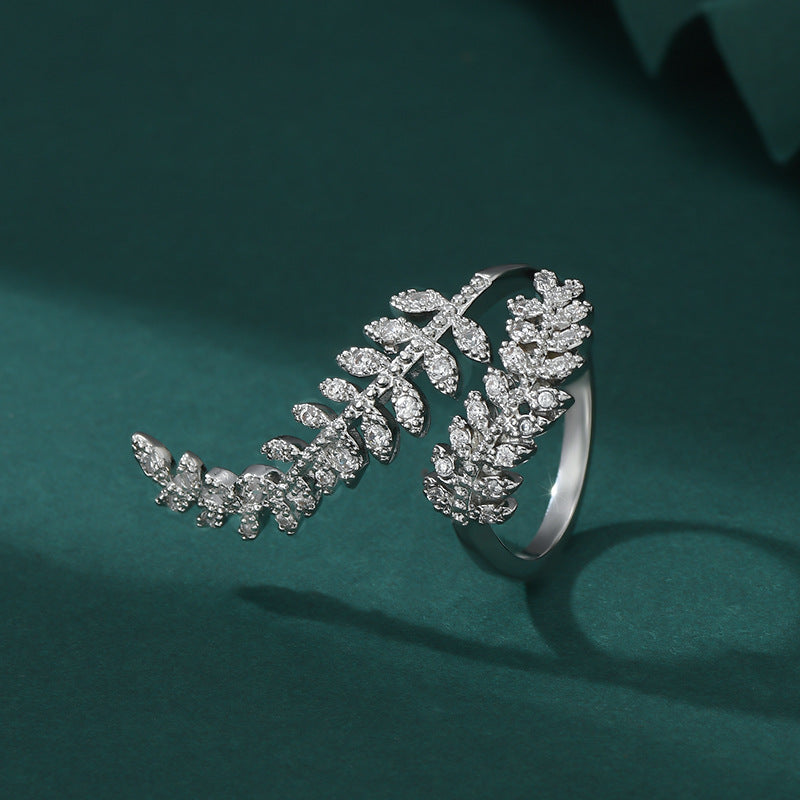 Micro-inlaid Diamond Fern Super Shiny Leaves Open Ring For Women