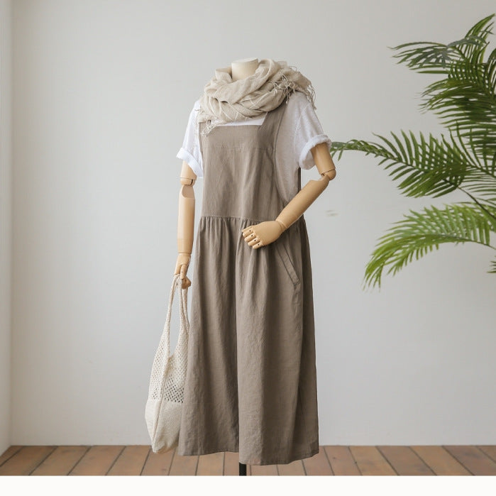 Women's Cotton And Linen Sling Dress Washed Cotton Beige