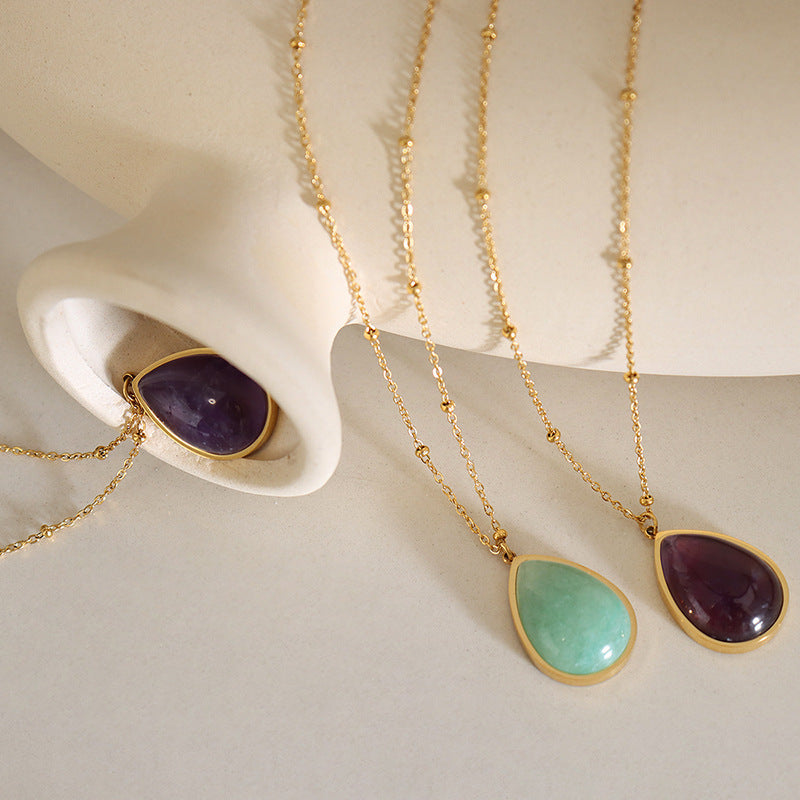 Natural Raw Gemstone Drop-shaped Oval Pendant Necklace