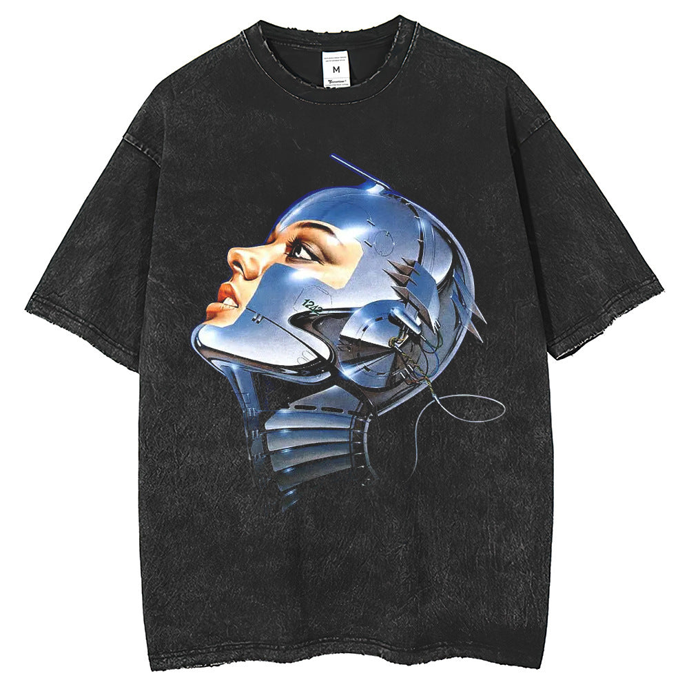 Robot Printed T-shirt American Washed Old Short Sleeve