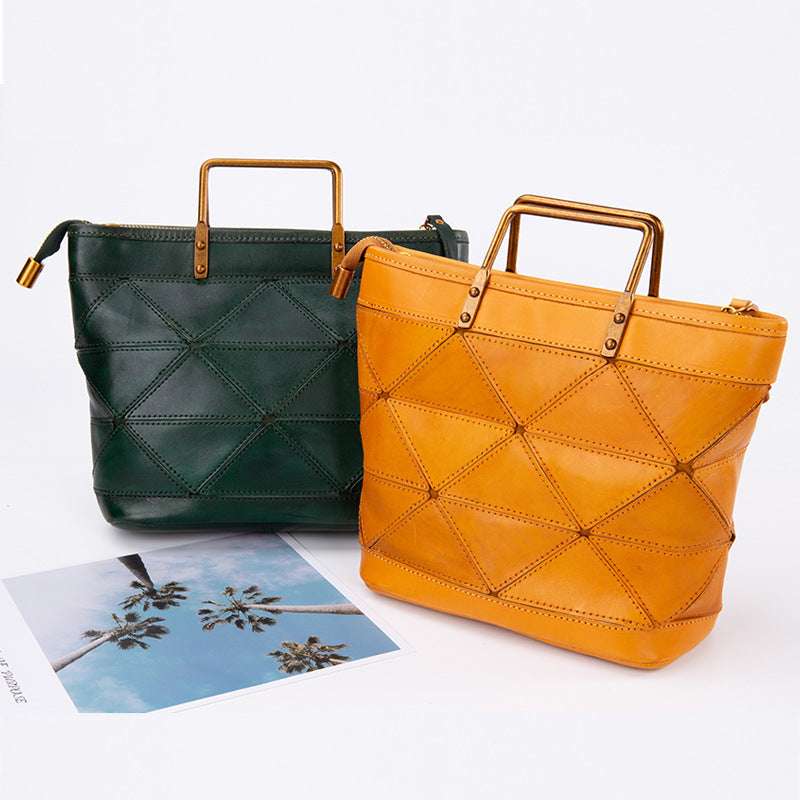 All-match Geometric Stitched Cowhide Women's Bag Work Commute Literary Handbag
