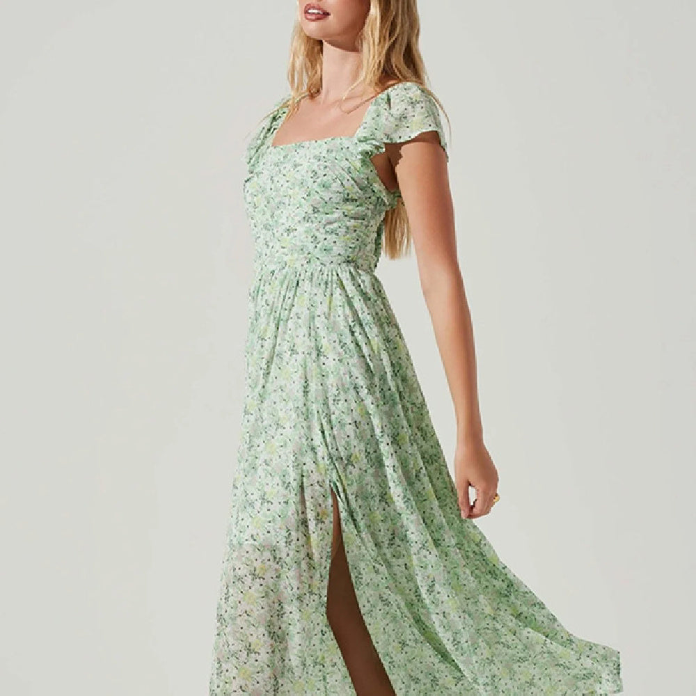 Fashionable Green Shivering Waist Slimming Temperament Lady Mid-length Dress