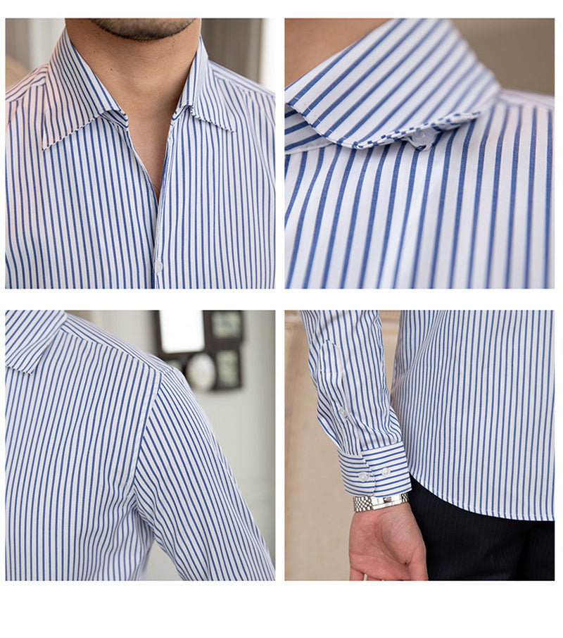 All-match Striped One-piece Collar Long-sleeved Shirt Slim Fit