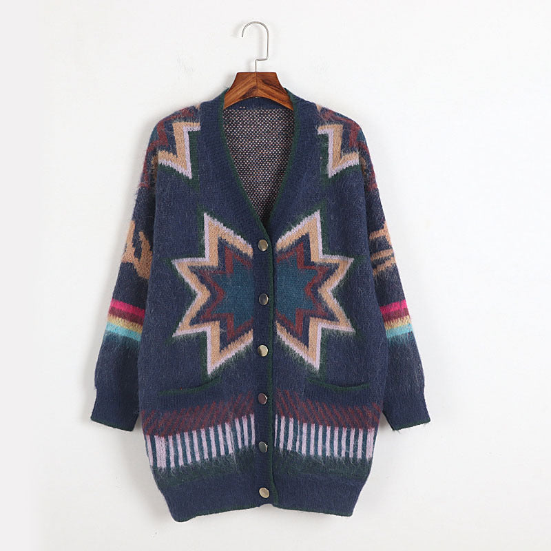 Geometric Diamond Contrast Color Loose Mohair Knitted Cardigan Sweater Coat