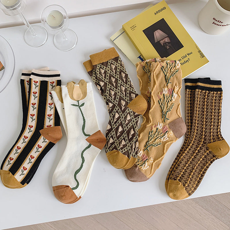 One-piece Mechanism Boneless Stitching Vintage Mori System Gold Color System Text Mid-thigh Women's Socks