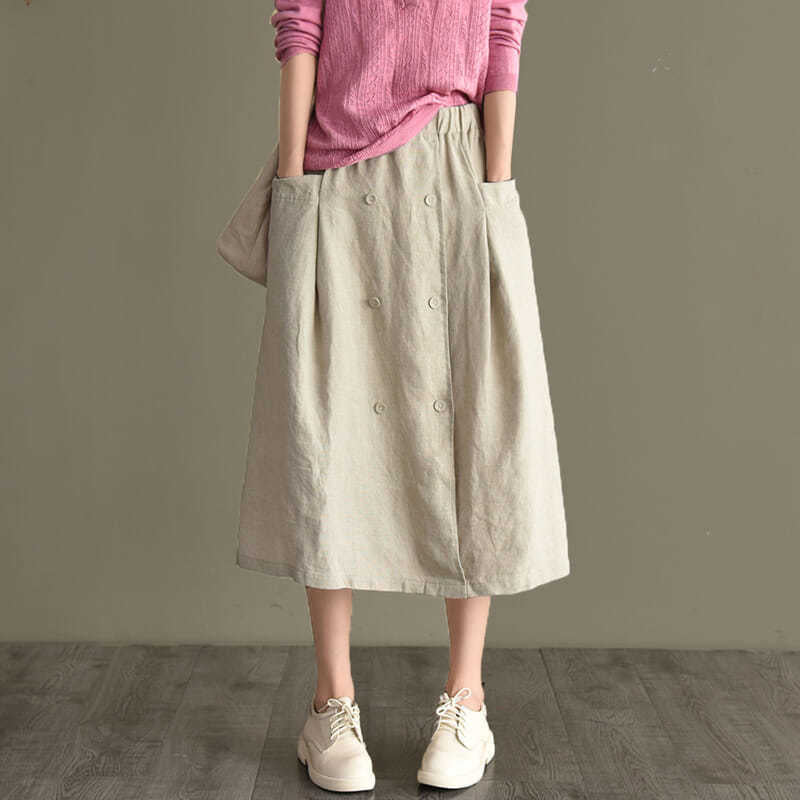 Loose And Casual Double-breasted Cotton And Linen Skirt