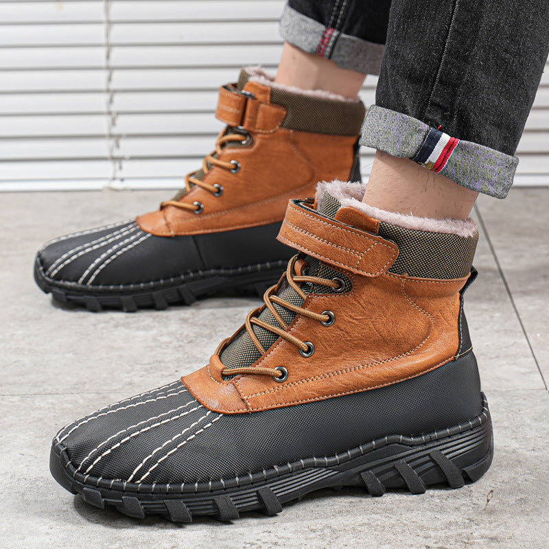 Winter Fleece Lace-up Snow Boots For Men Women Waterproof And Anti-slip Outdoor Work Boot Fashion Warm Mid-tube Cotton Shoes