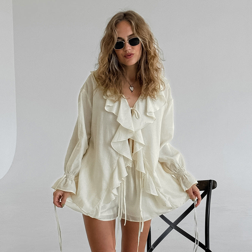 V-neck Loose Lotus Leaf Shirt Shorts Outfit Set