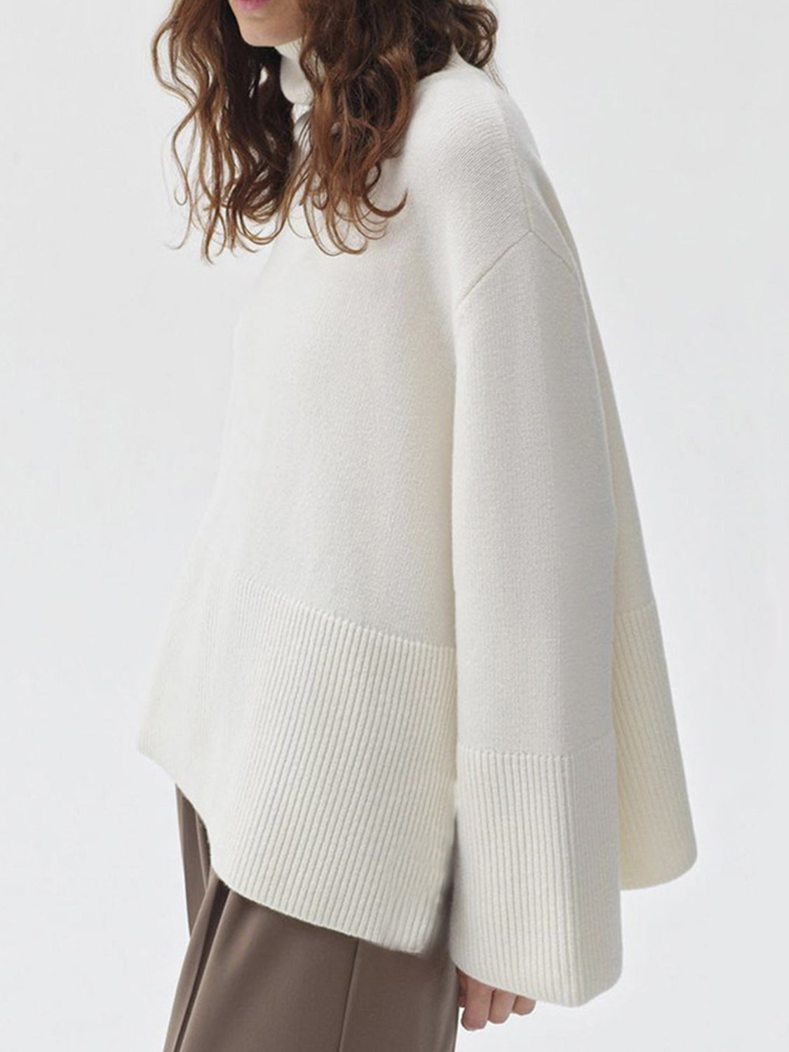 Side Slit Turtleneck Drop Shoulder Sweater