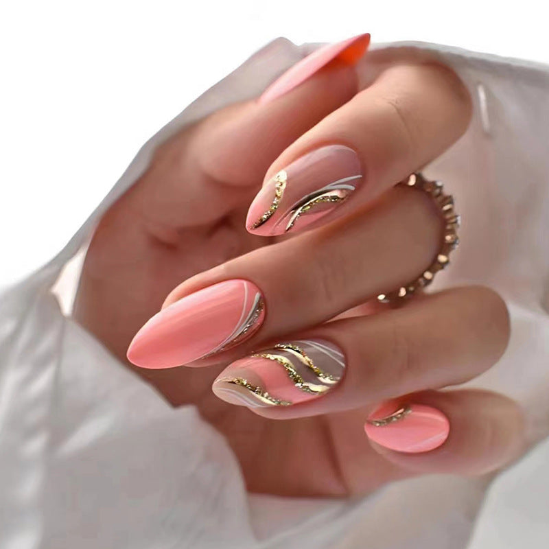 Girl's Corrugated Pink Almond Nail Flashing Glitter Wearing Nail