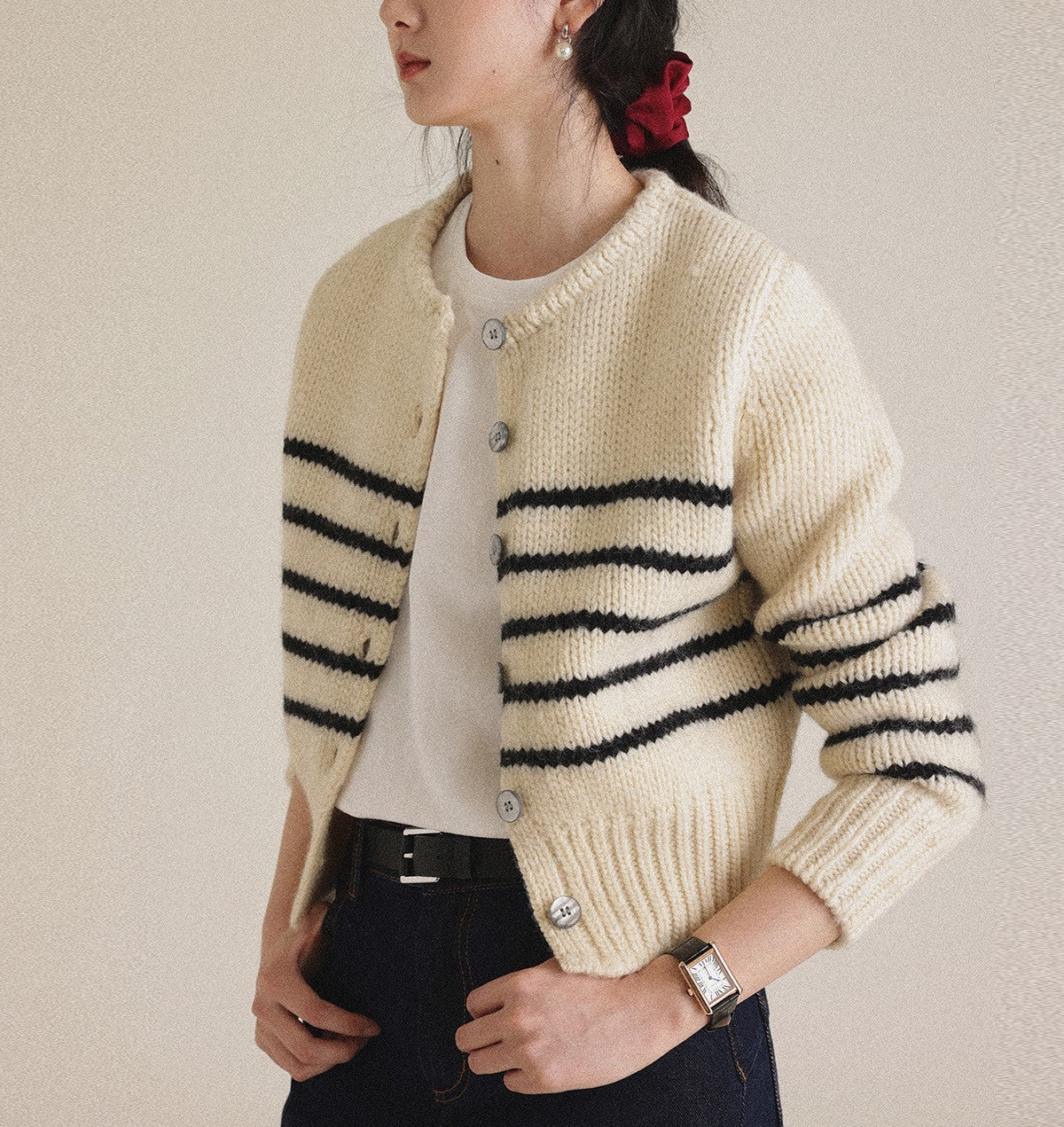 Striped Knitted Cardigan Sweater Short Coat