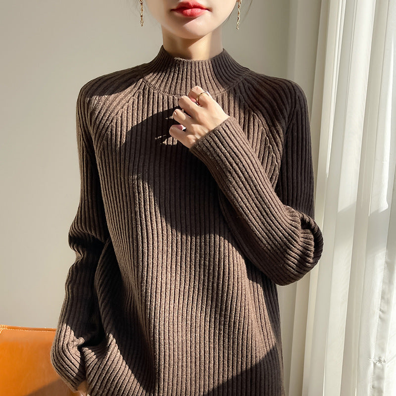 Thickened Bedford Cord Sweater Women's Autumn And Winter Half-high Collar Casual Loose Knitted Top