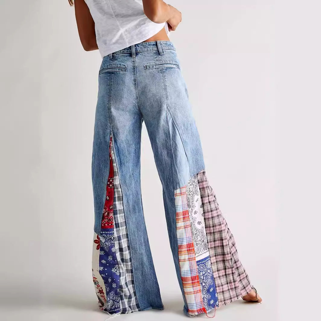 Retro Denim Stitching Button High Waist Wide Leg Jeans