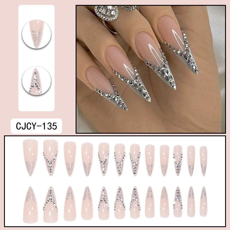 Bride French Diamond Fragments Fake Nail Sticker Long