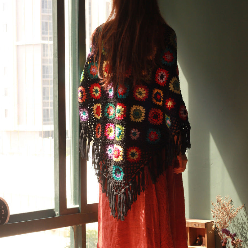 Pure Handmade Retro Mori Women's Literary Fan Wool Crochet Scarf Shawl