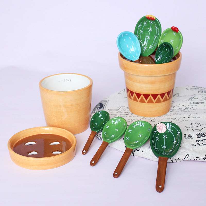 Ceramic Cactus Measuring Scale Spoon for Baking - Cute Kitchen Tool With Base