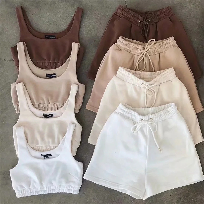 Loose Wide Leg Sports Shorts Set With Drawstring Waist Camisole