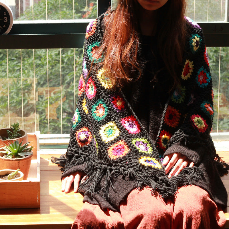 Pure Handmade Retro Mori Women's Literary Fan Wool Crochet Scarf Shawl