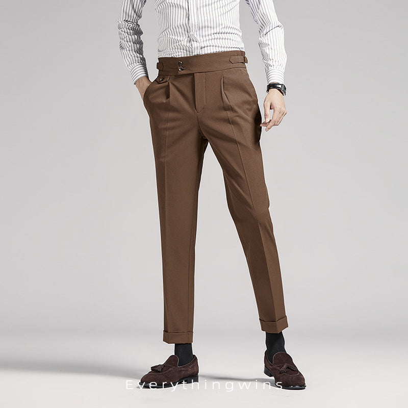 Men's Brown Pencil Pants Draping Business Casual High Waist Pants