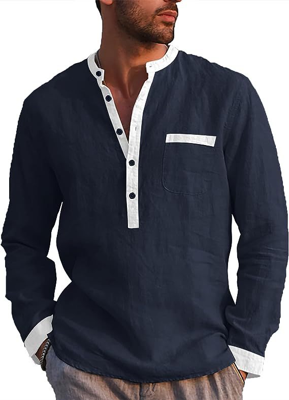 Men's Long Sleeved Henry Shirts Cotton Linen Shirts Regular Men's Shirts