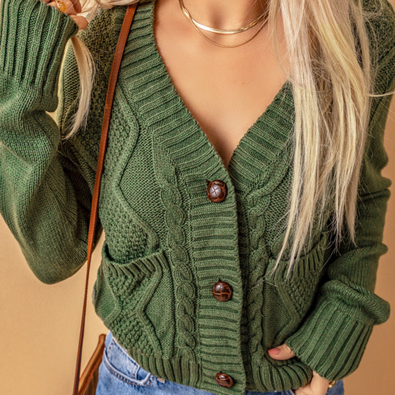 Solid Color Knitted Cardigan Pocket Button Texture Long Sleeve