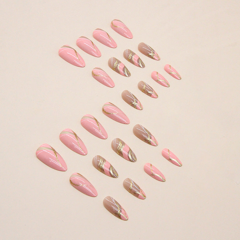 Girl's Corrugated Pink Almond Nail Flashing Glitter Wearing Nail