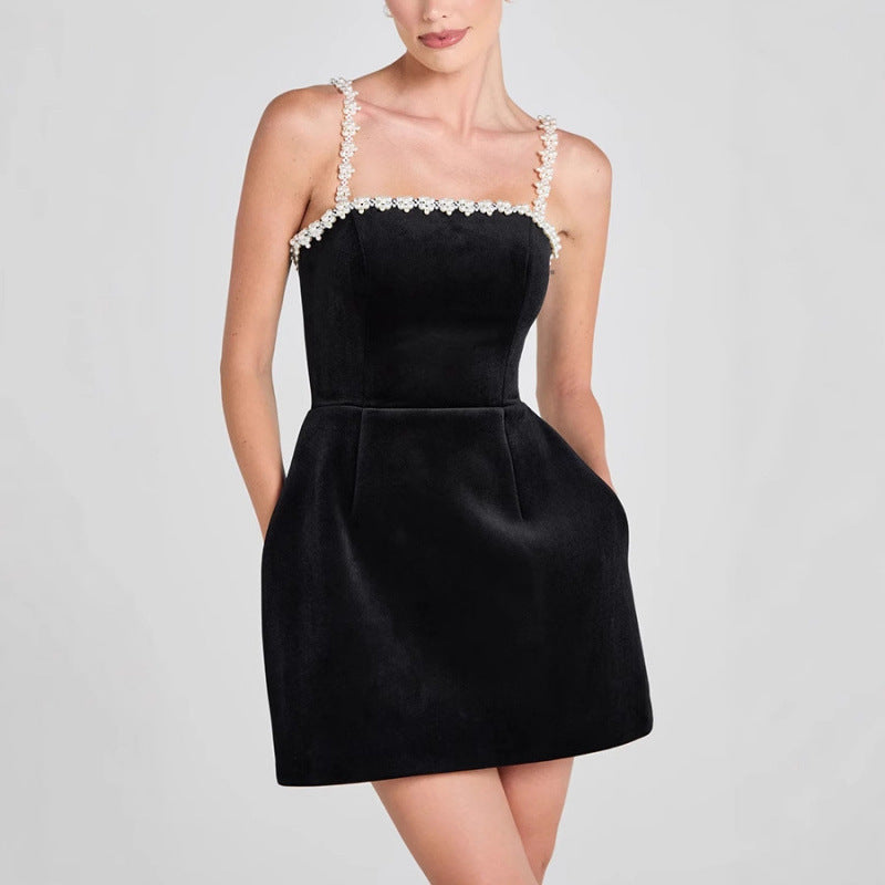 Sexy Pearl Suspender Tight Waist Velvet A- Line Dress