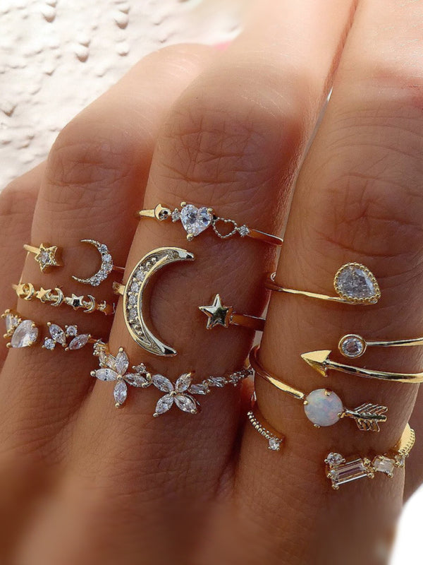 Star and Moon Ring Love Leaf Geometric 10-piece Ring Creative Retro Female Joint Ring Set