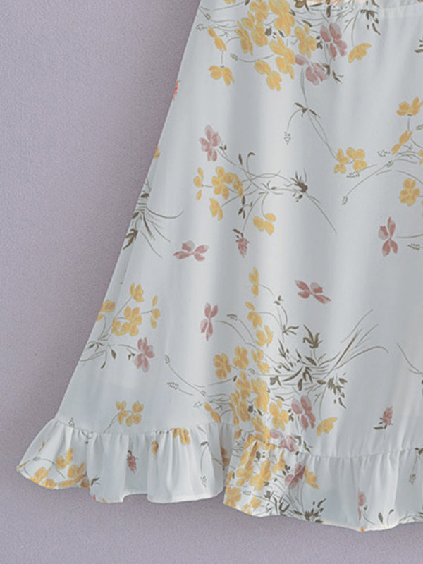 Small Fresh Floral Print Slim-Fit Mini Tie Dress