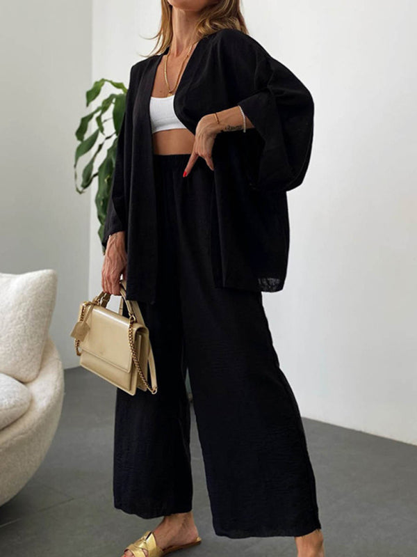 Long-Sleeved Cardigan and Wide Leg Trousers Two Piece Loungewear Set