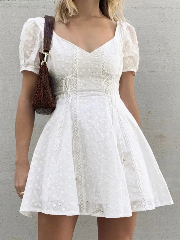 Women's Lace Embroidery Sexy Low Cut Square Neck Puff Sleeve Dress