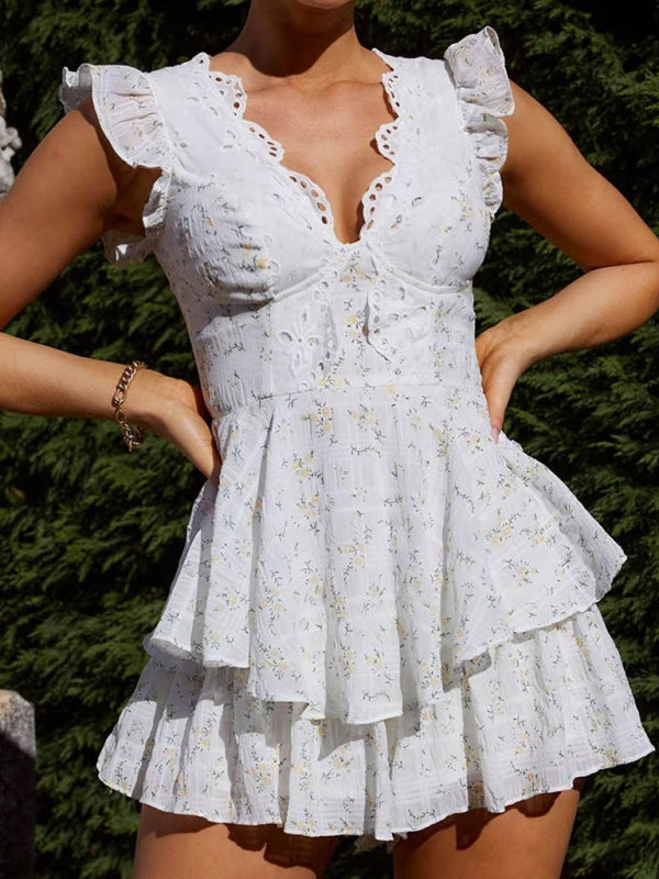 Lace Embroidery Printed Waist Dress V-neck