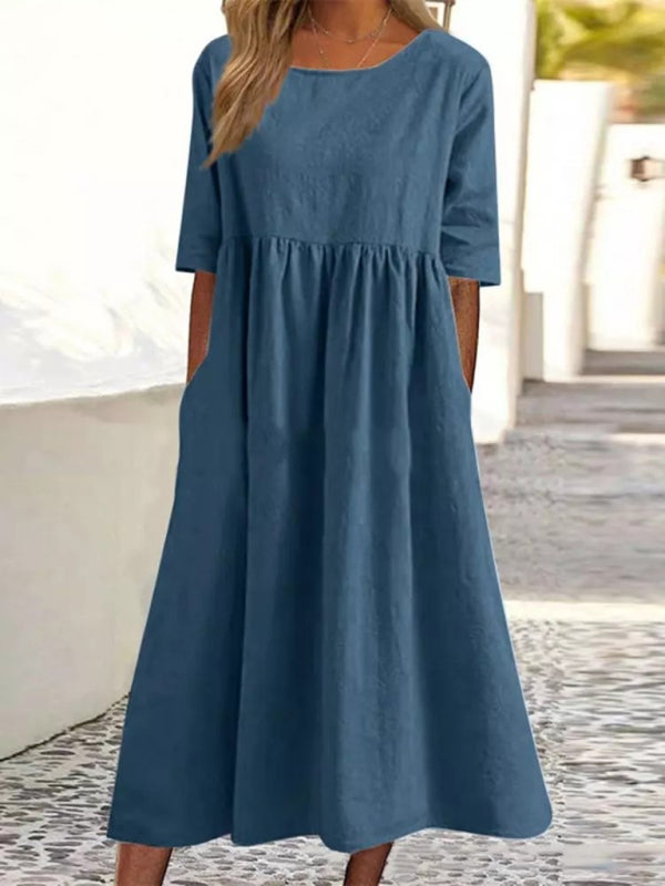 Round Neck Quarter Sleeves Casual Loose Long Solid Color Dress