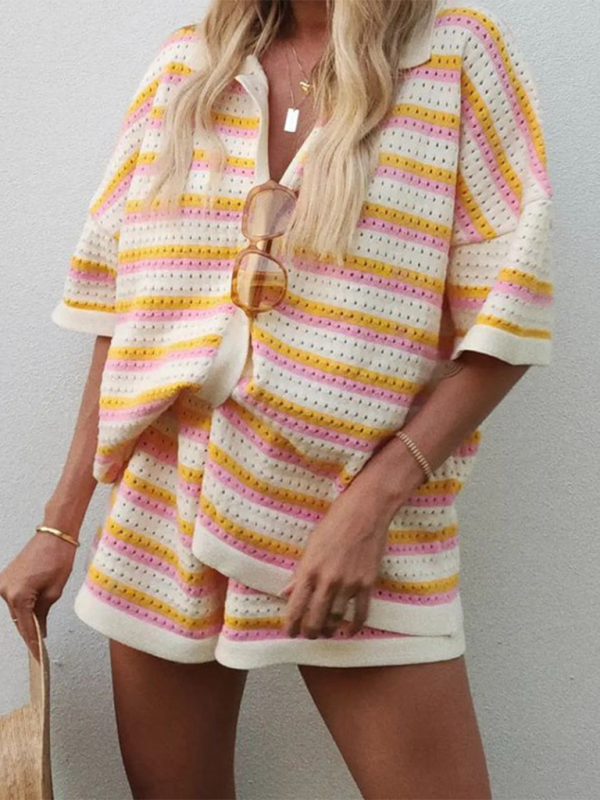 Stylish Retro Contrasting Color Short-Sleeved Tops and Shorts Set