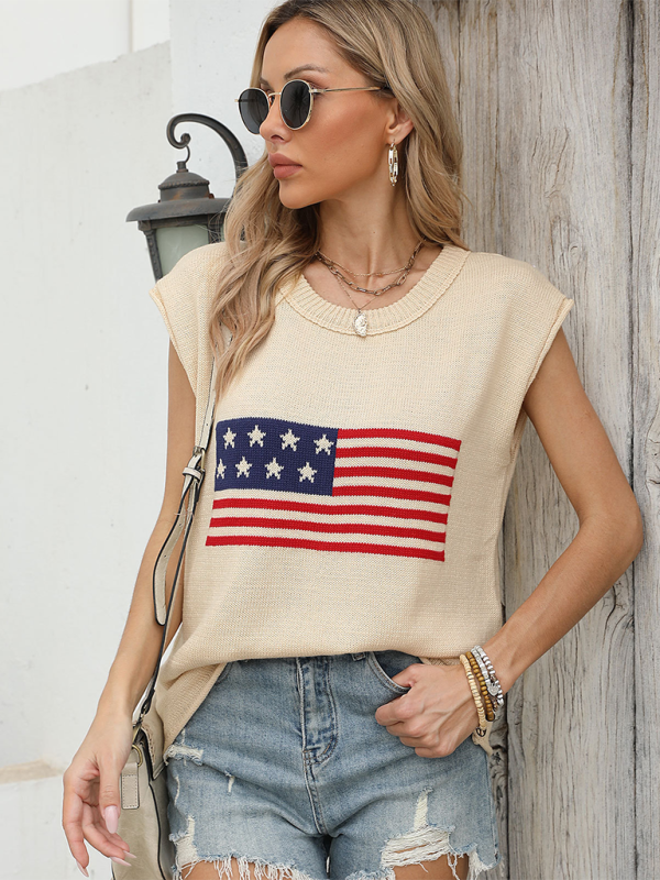 New Independence Day Round Neck Flag Knit Short Sleeve Sweater