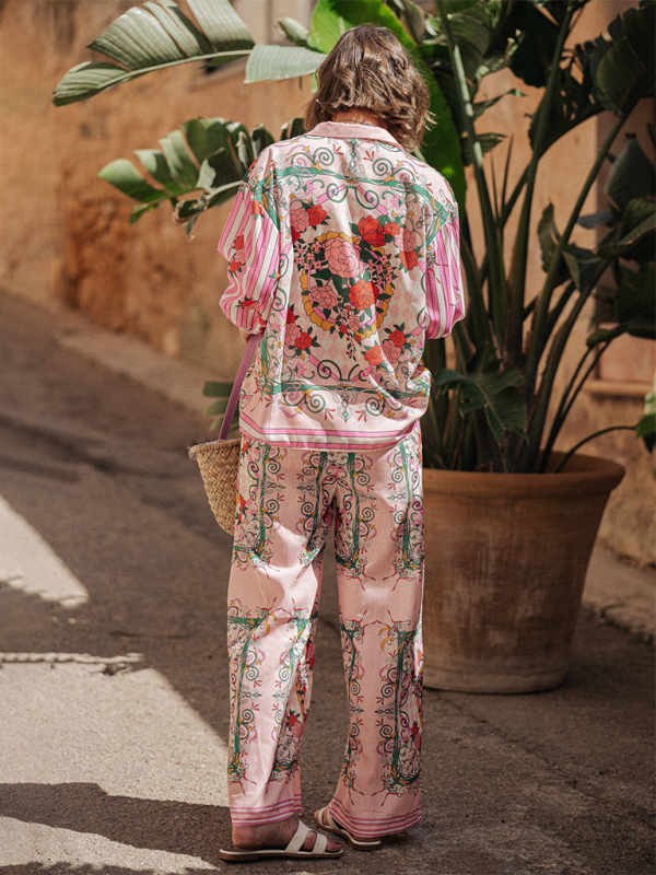 New Long-Sleeved Casual Vacation Loose Printed Pocket Two-Piece Suit