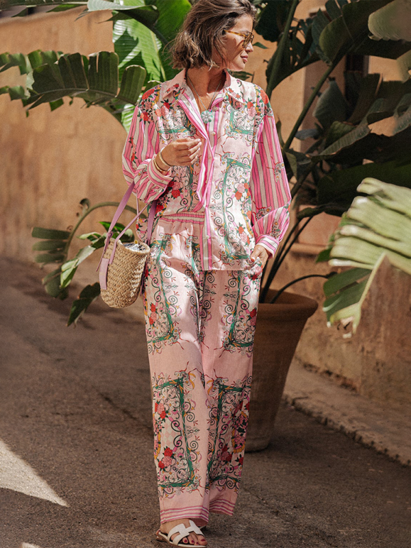 New Long-Sleeved Casual Vacation Loose Printed Pocket Two-Piece Suit