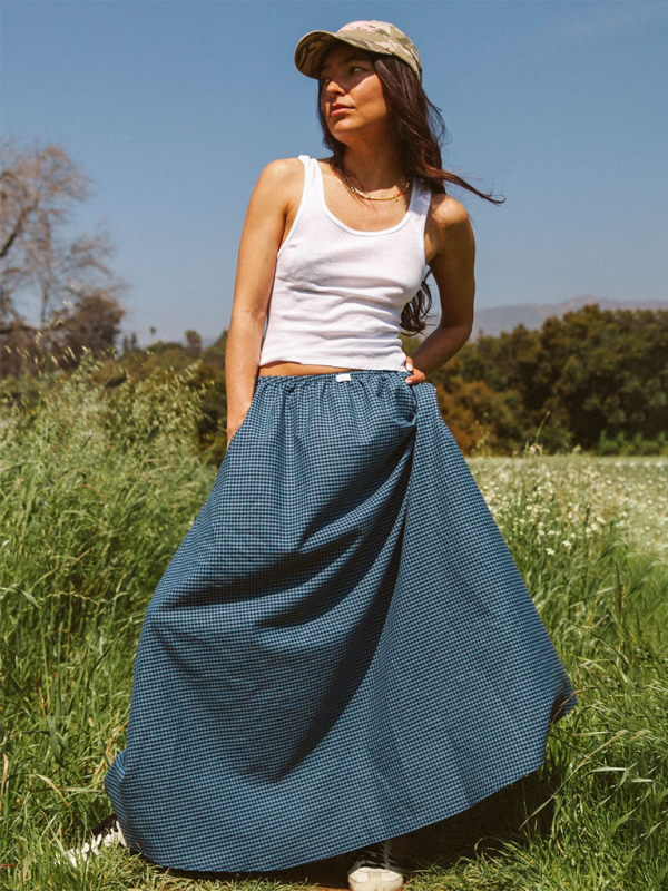 Plaid Maxi Skirt Spring and Summer Fashion Print Personality Skirt