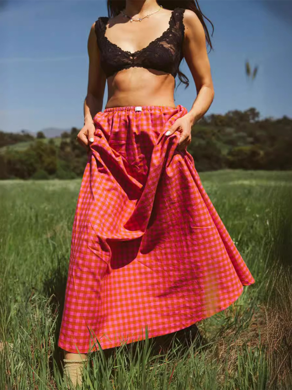 Plaid Maxi Skirt Spring and Summer Fashion Print Personality Skirt