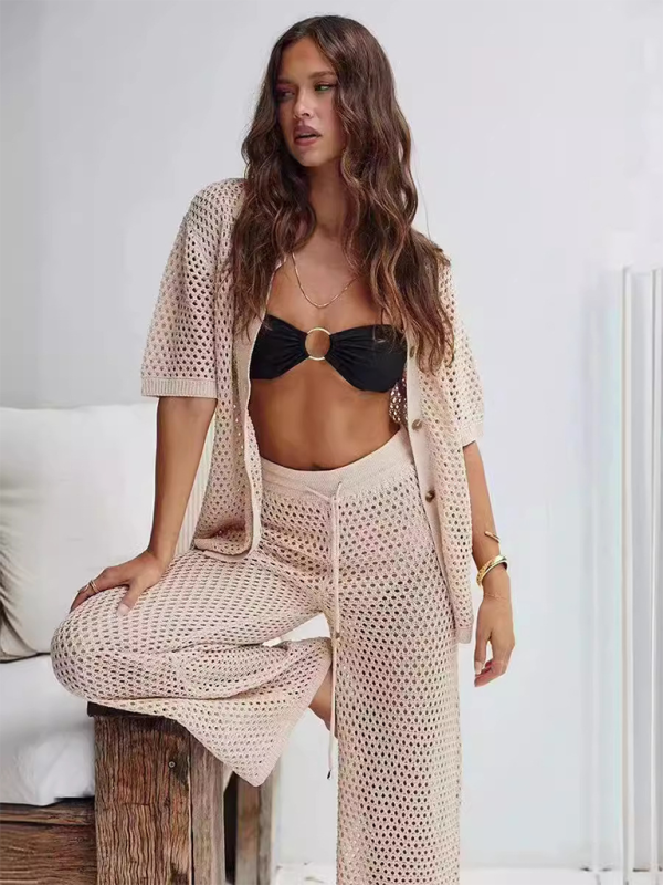 Fashionable Sexy Comfortable Mesh Buttoned Woolen Trousers and Short-Sleeved Set